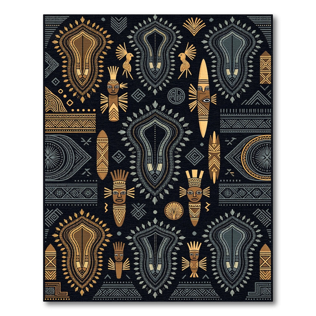 Tribal Masks And Birds Golden Gray Rug