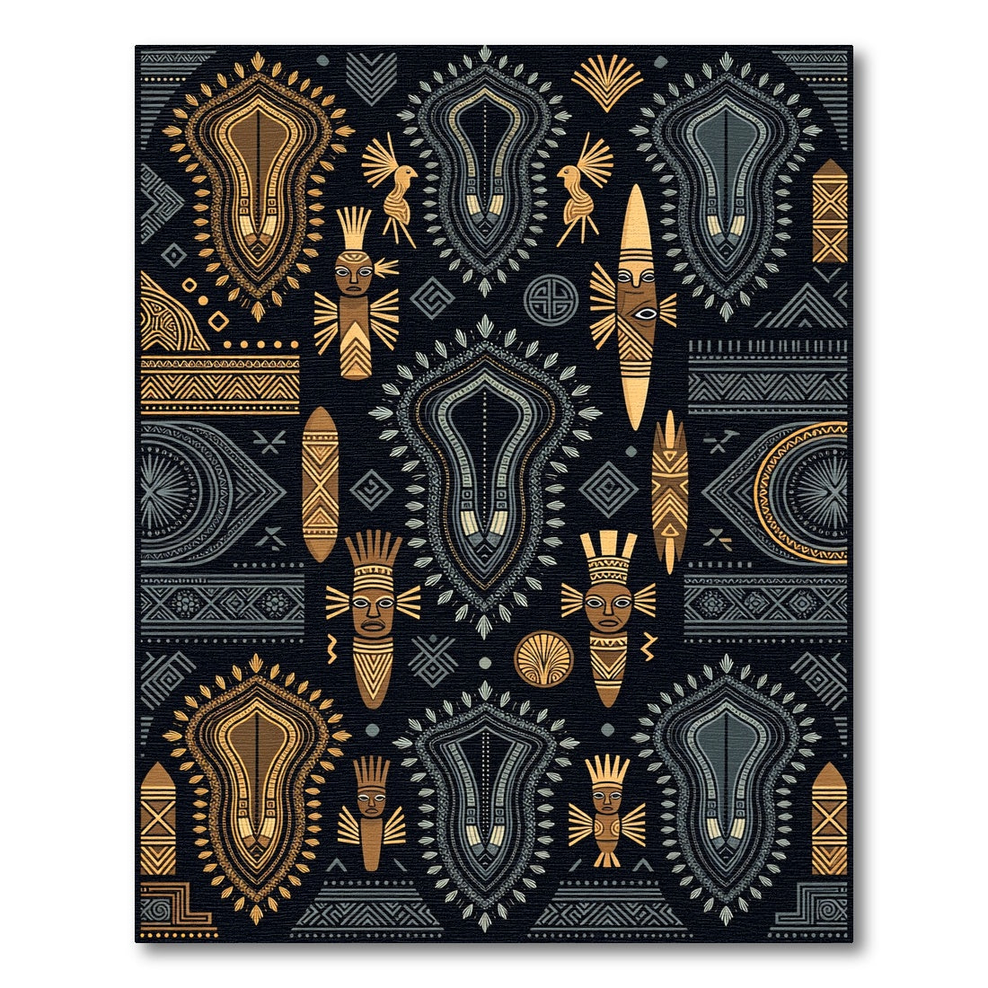 Tribal Masks And Birds Golden Gray Rug