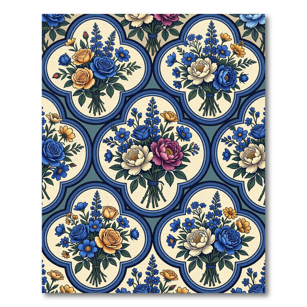 Blue Floral Tile Bouquet Botanical Trellis Rug