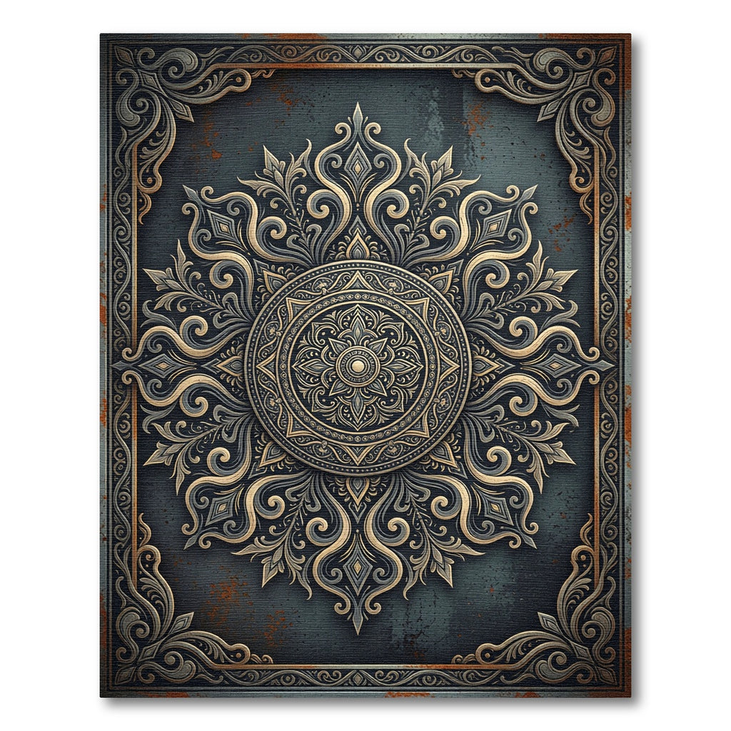 Ornate Golden Medallion Charcoal Filigree Rug