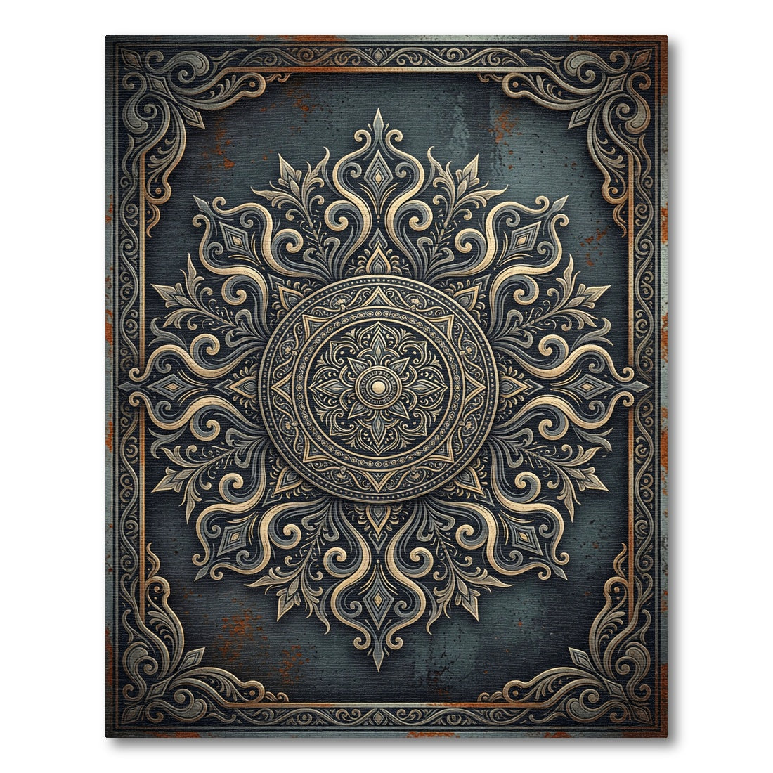 Ornate Golden Medallion Charcoal Filigree Rug