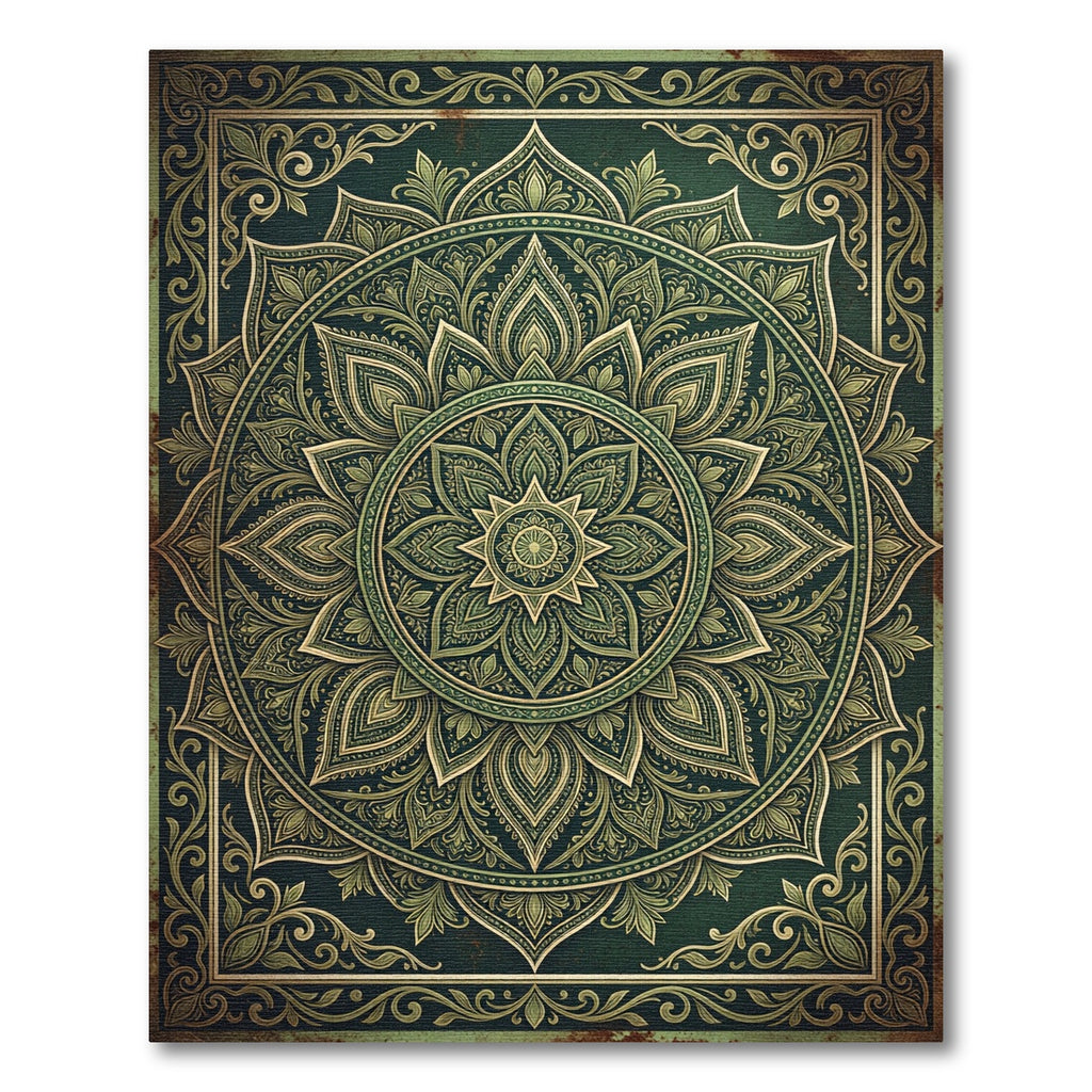 Ornate Emerald Olive Lotus Mandala Rug