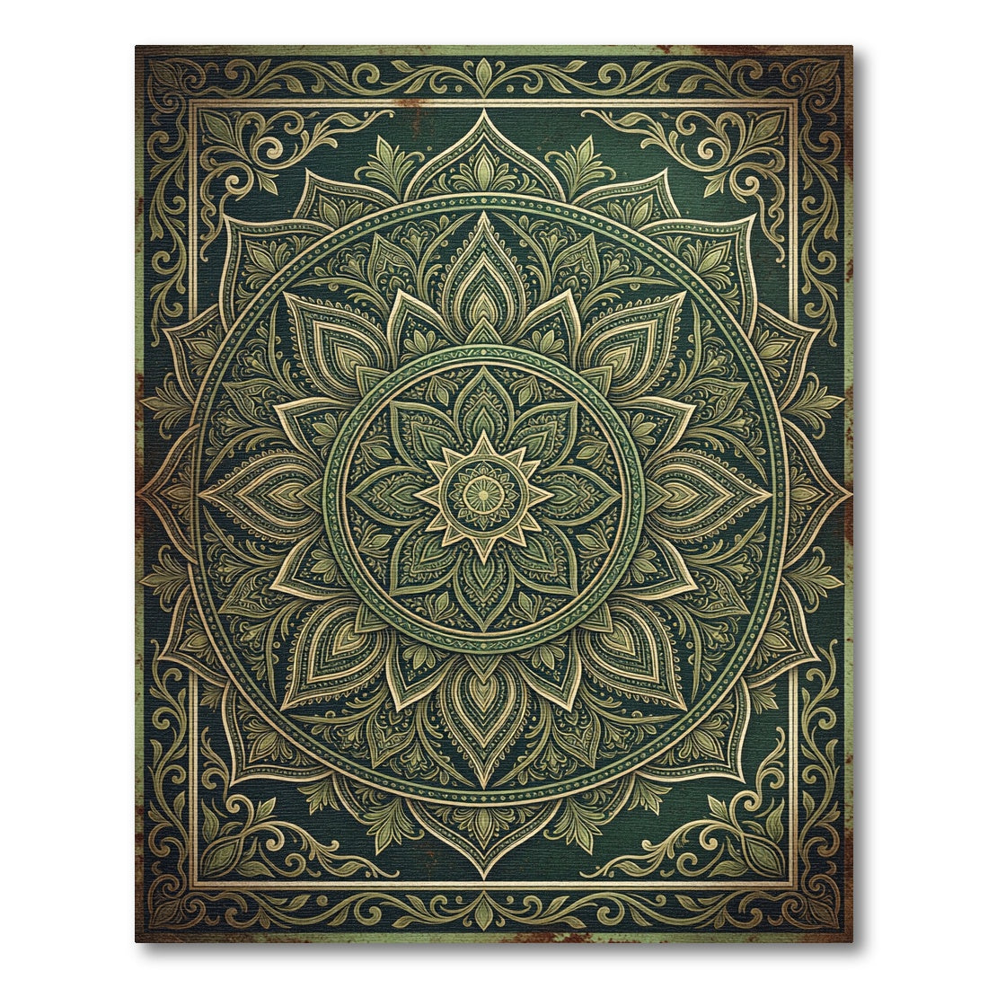 Ornate Emerald Olive Lotus Mandala Rug