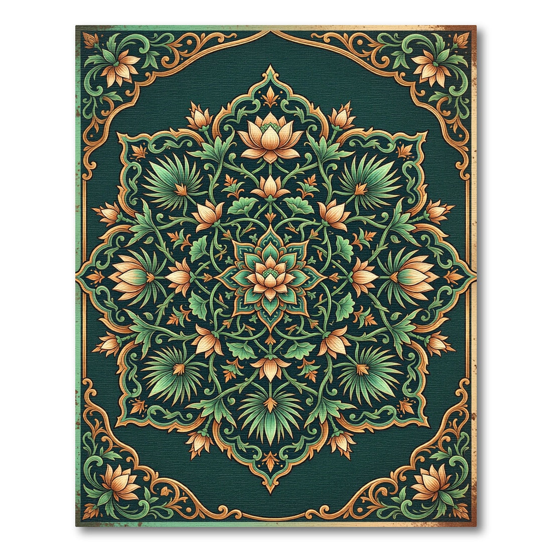 Teal Golden Lotus Floral Medallion Rug