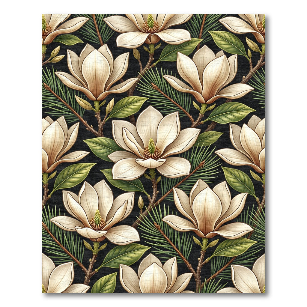 Cream Magnolia Branches Against Black Rug