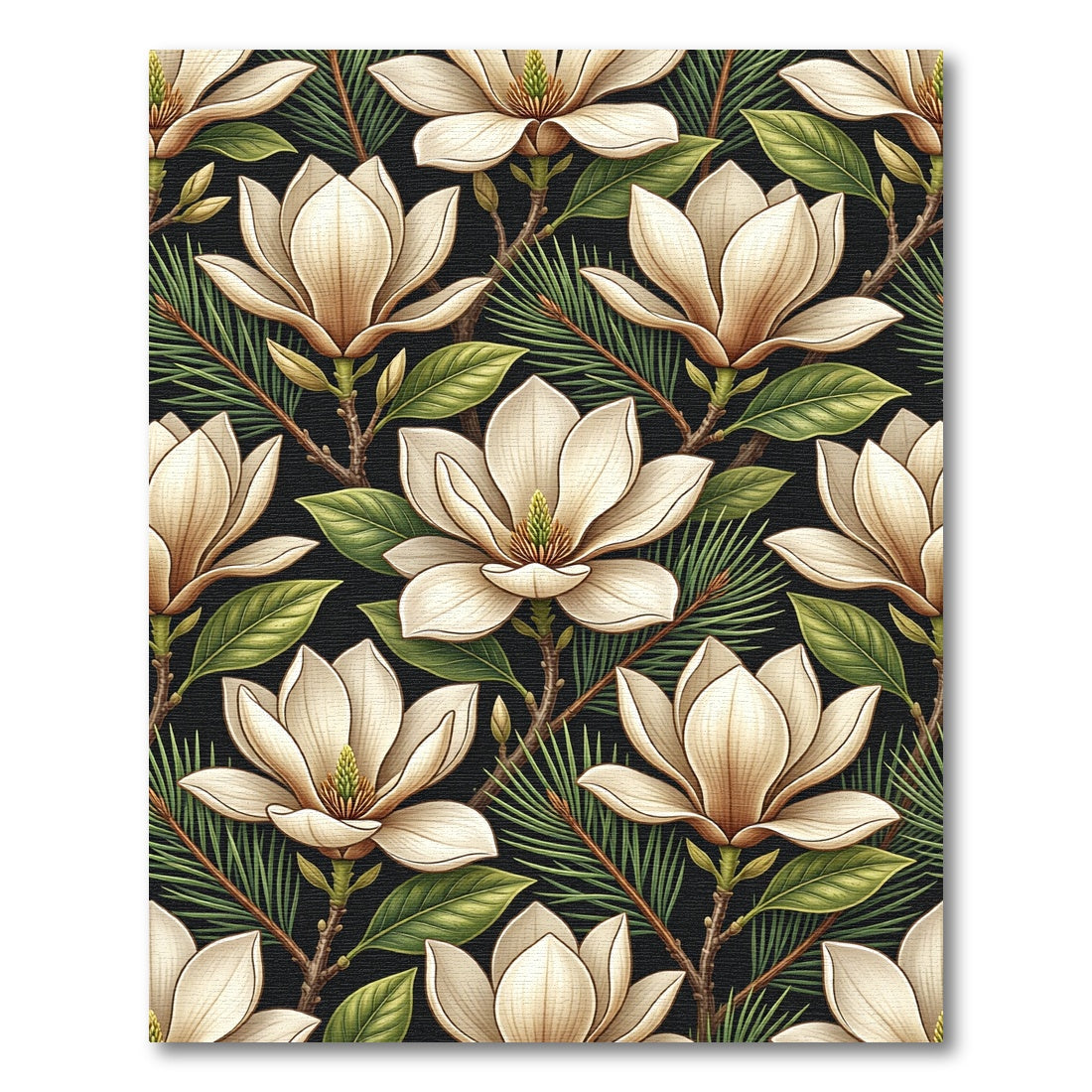 Cream Magnolia Branches Against Black Rug
