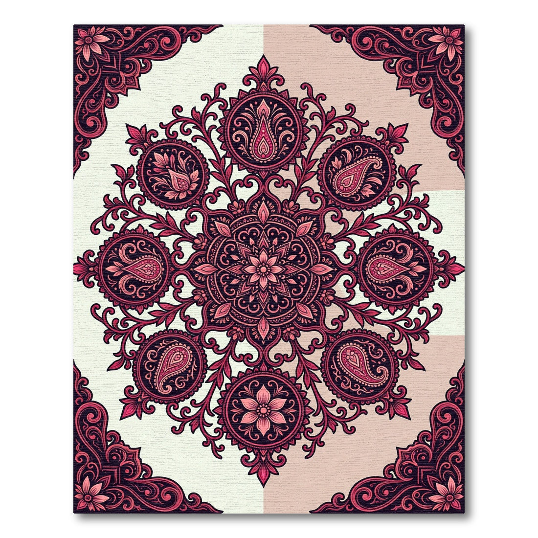 Burgundy Paisley Floral Mandala Medallion Rug