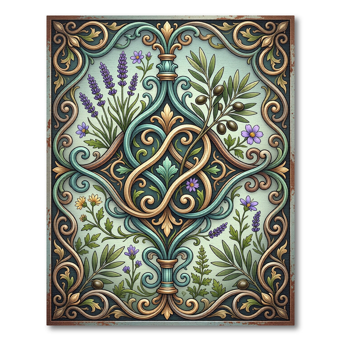 Elegant Olive Botanical Scrollwork Rug