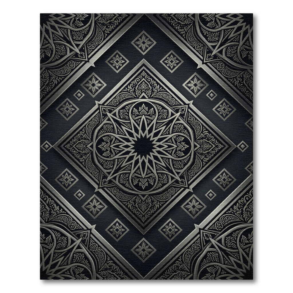 Black Silver Intricate Medallion Overlay Rug