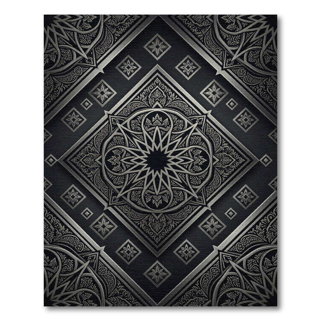 Black Silver Intricate Medallion Overlay Rug