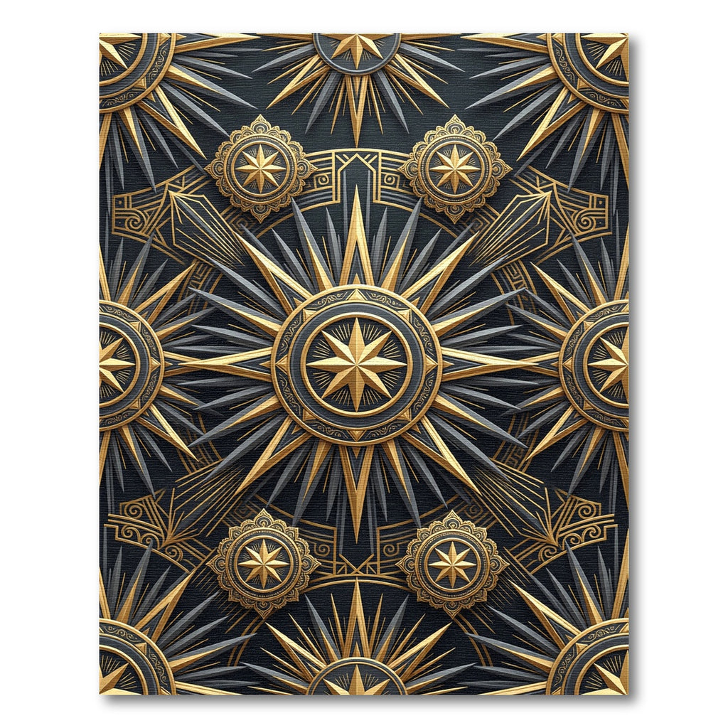 Celestial Gold and Obsidian Geometric Sun Rug