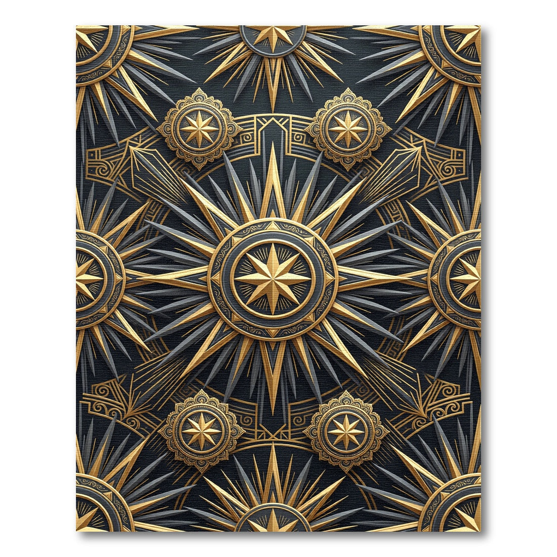 Celestial Gold and Obsidian Geometric Sun Rug
