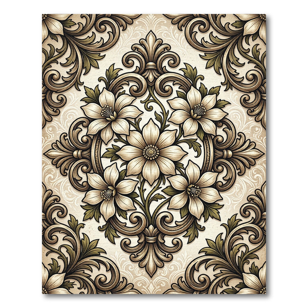 Ornate Cream Floral Scrollwork Rug