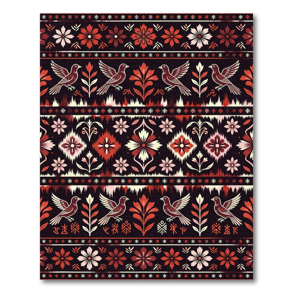 Deep Red Bird Floral Ikat Rug