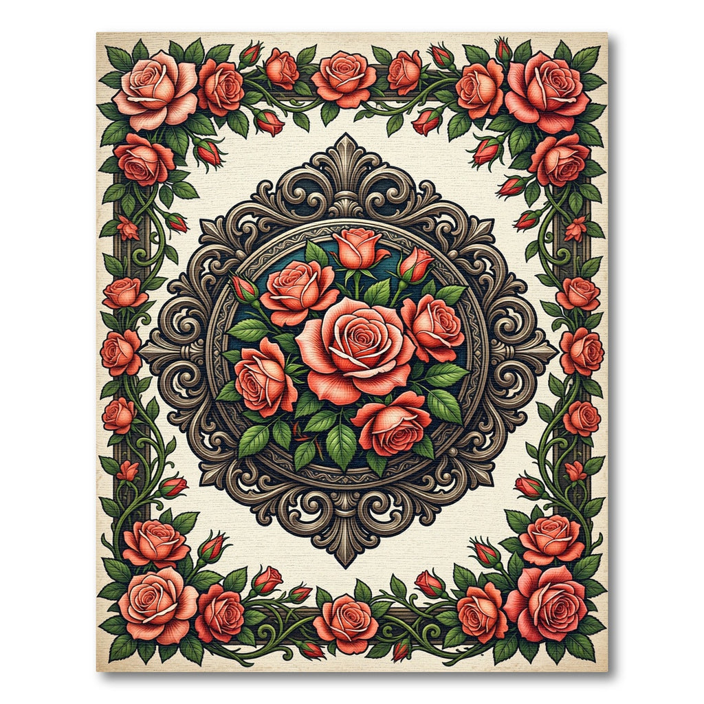 Vintage Salmon Rose Floral Frame Rug