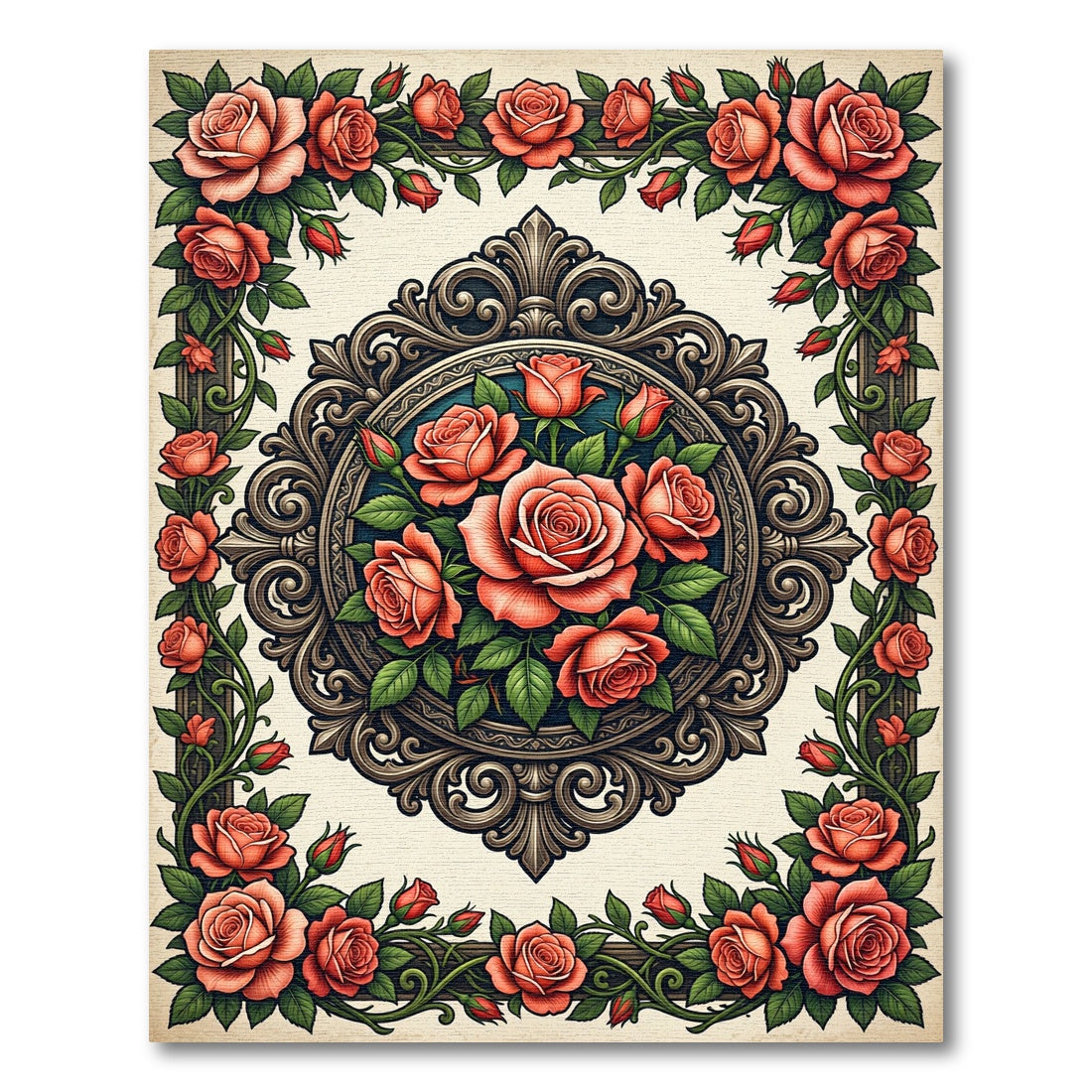 Vintage Salmon Rose Floral Frame Rug