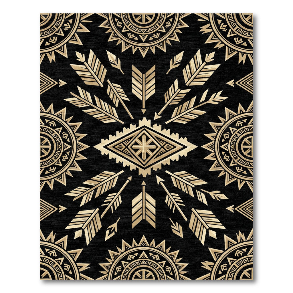 Gold Arrow Geometric Ancestral Black Tapestry Rug