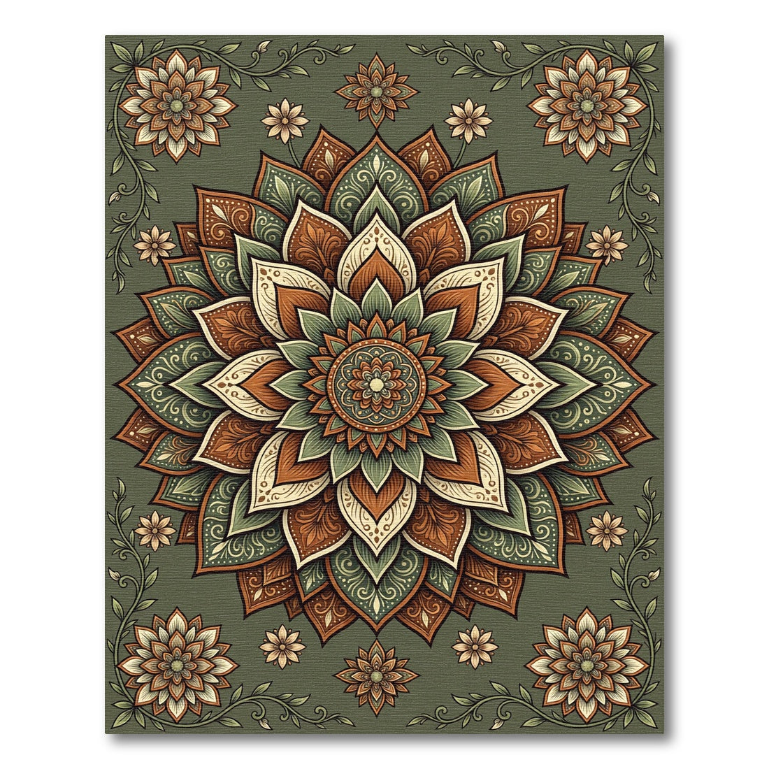 Sage Green Earthy Floral Medallion Rug