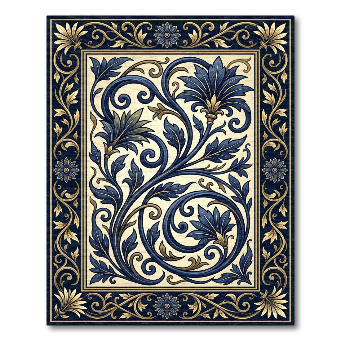 Elegant Navy Gold Art Deco Scroll Rug
