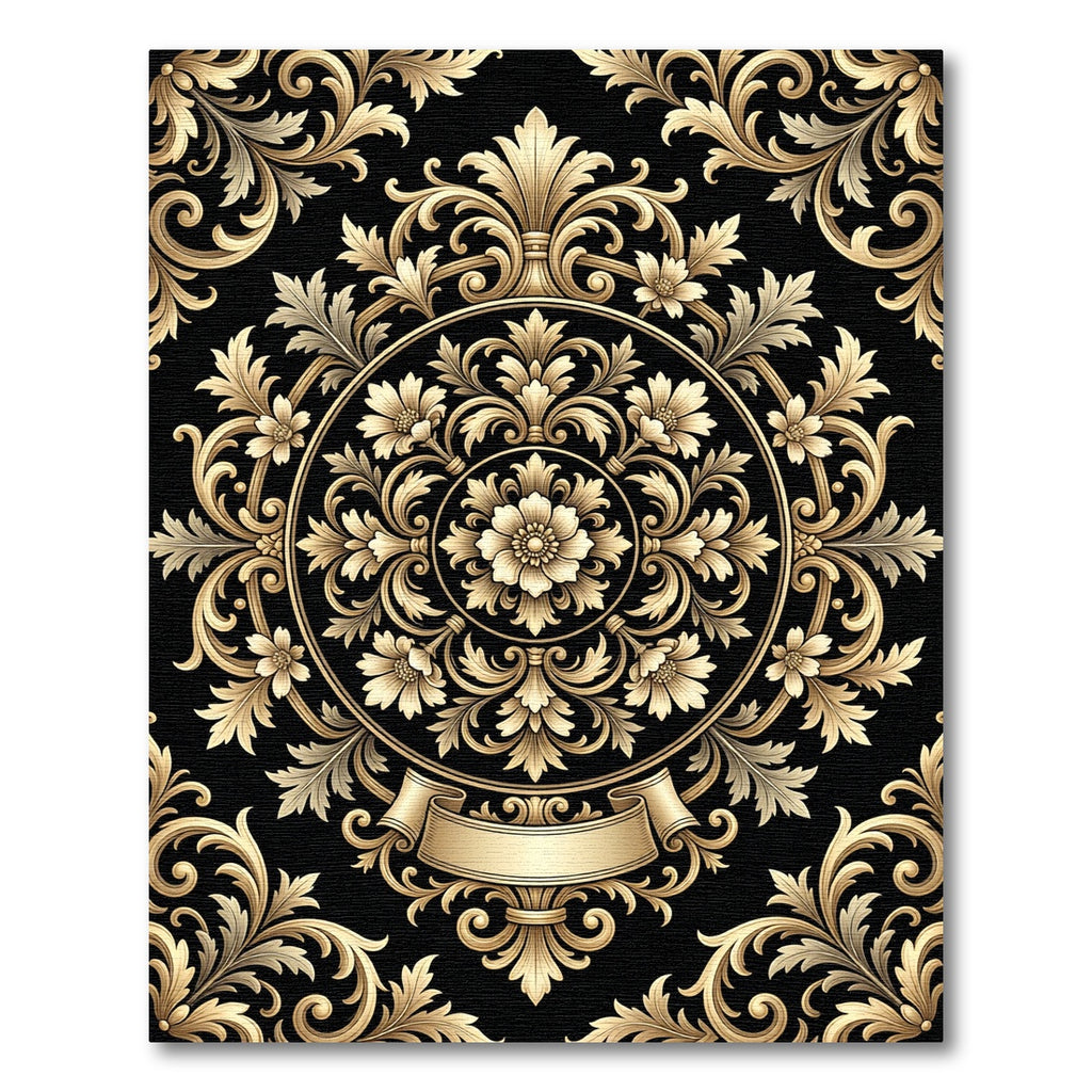 Ornate Golden Floral Medallion With Ribbon Rug