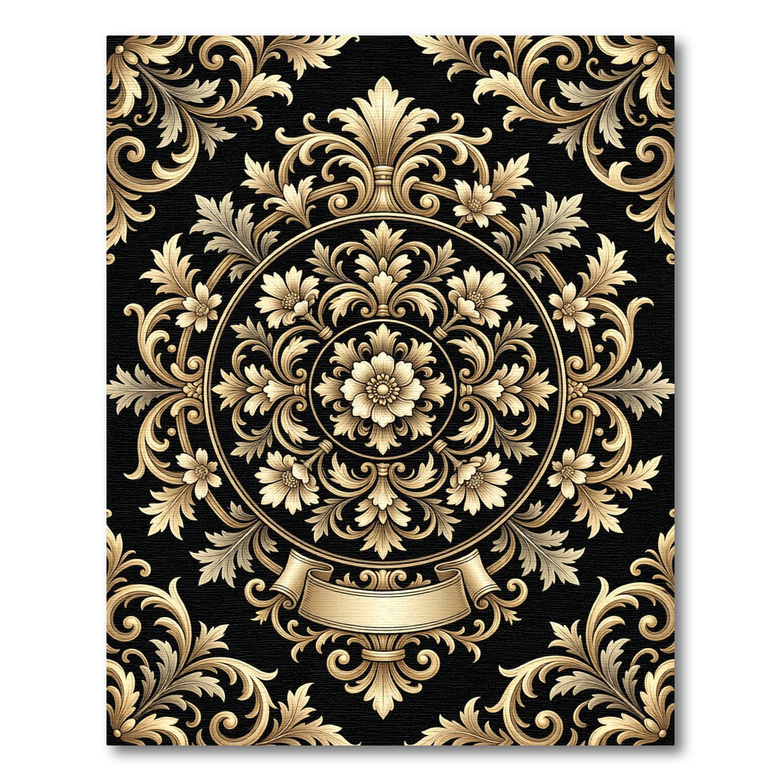 Ornate Golden Floral Medallion With Ribbon Rug