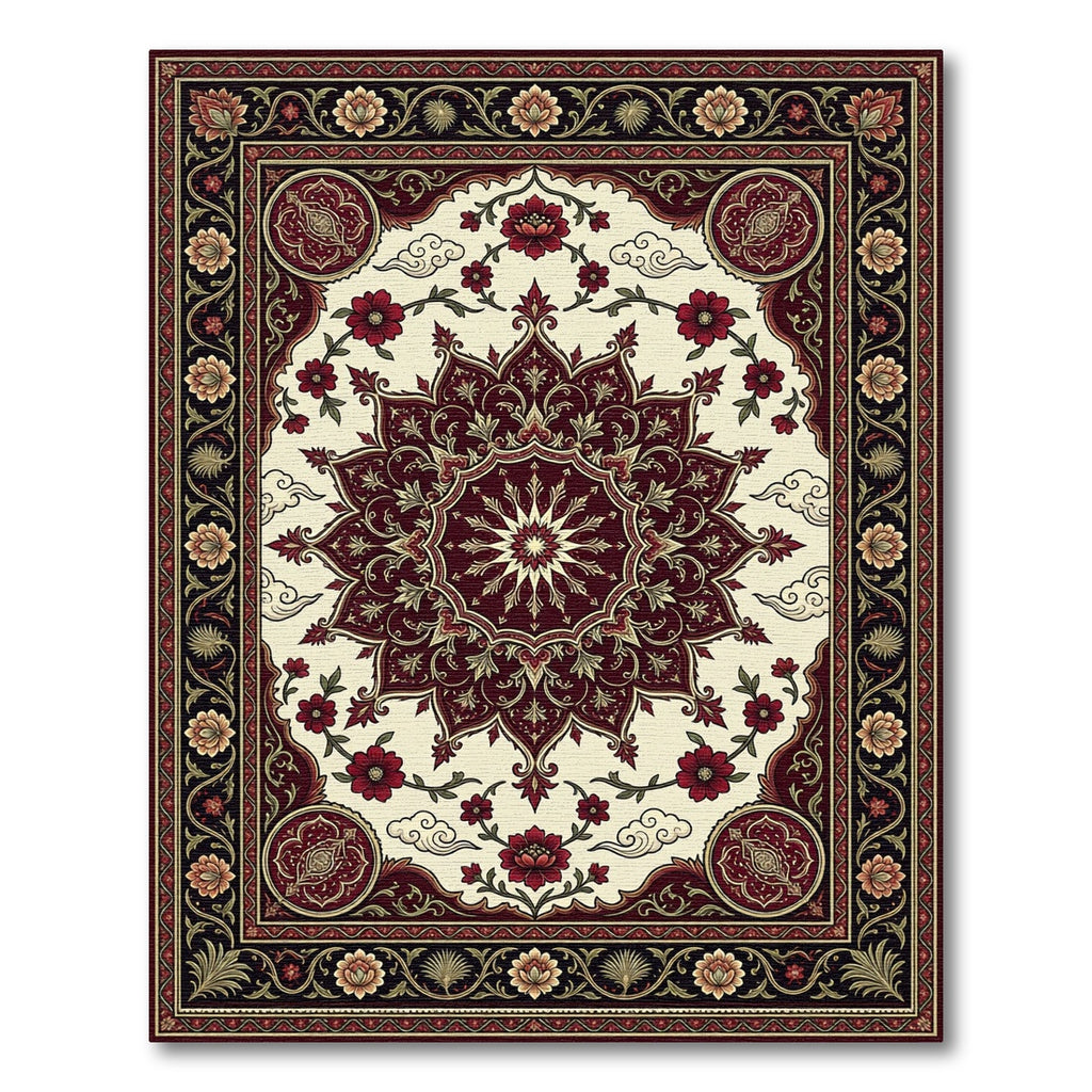 Deep Crimson Floral Medallion Border Rug