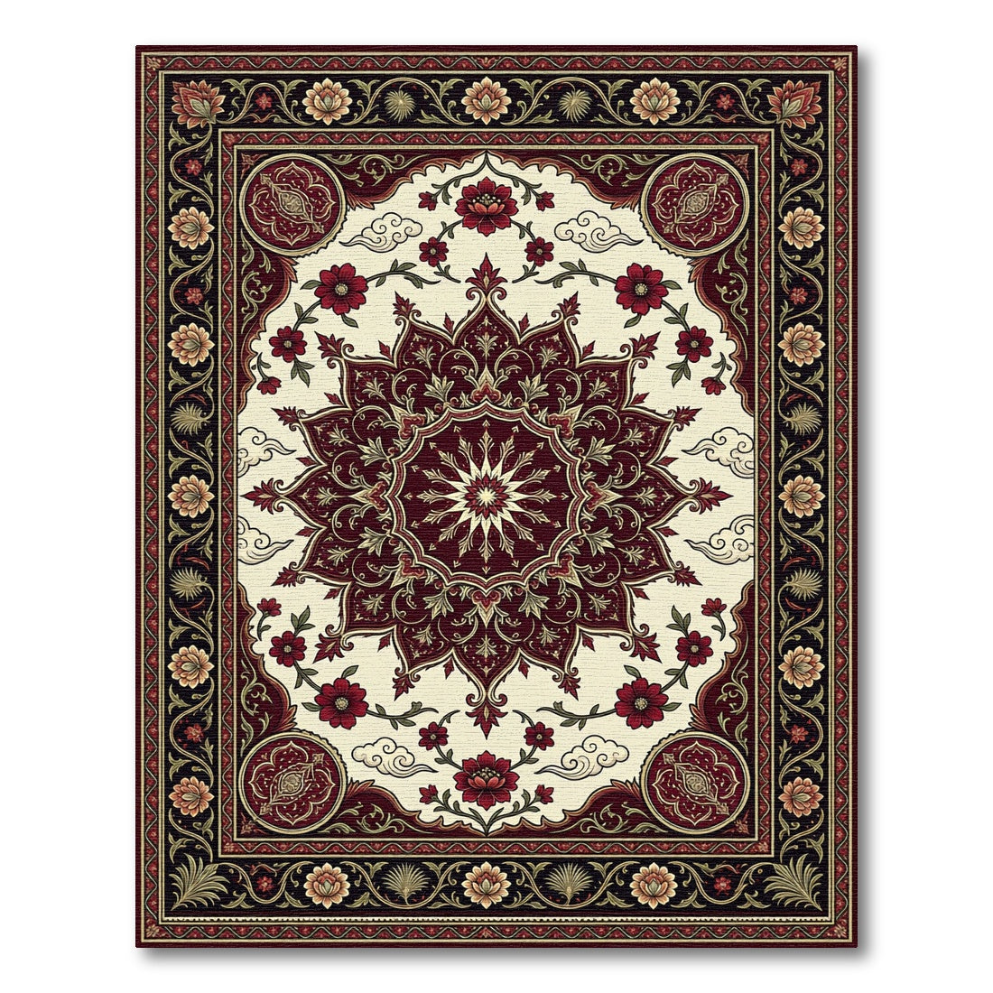 Deep Crimson Floral Medallion Border Rug