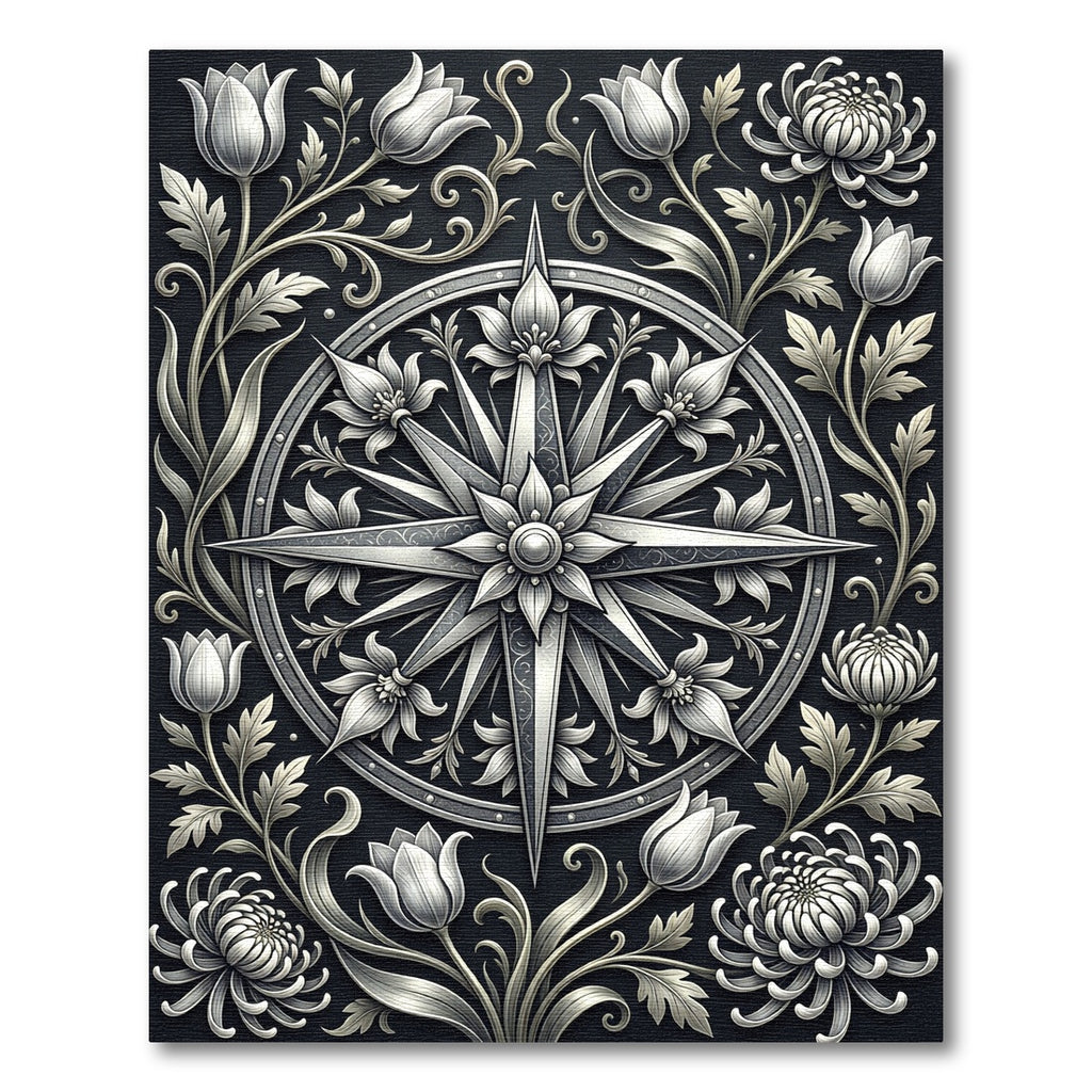 Classic Silver Compass Floral Embroidery Rug