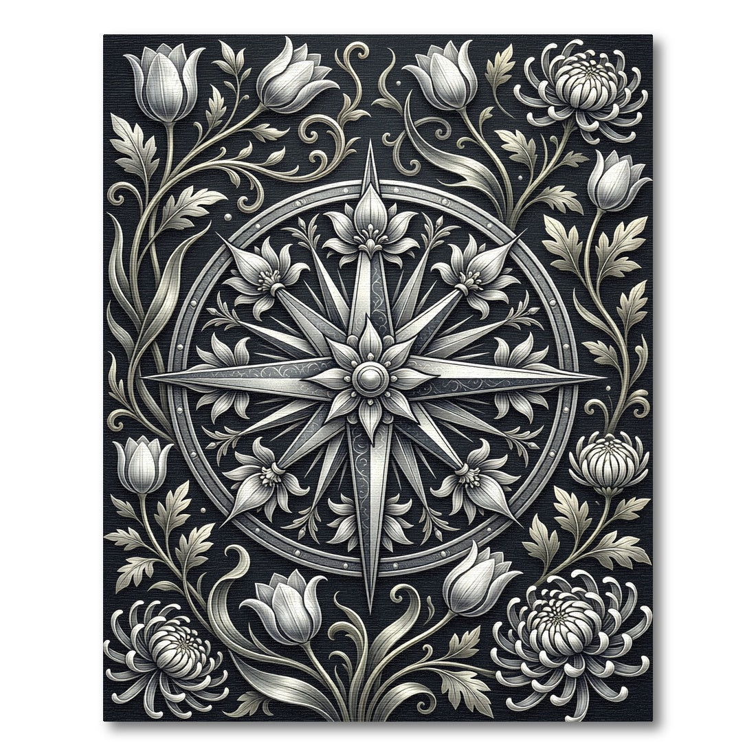 Classic Silver Compass Floral Embroidery Rug