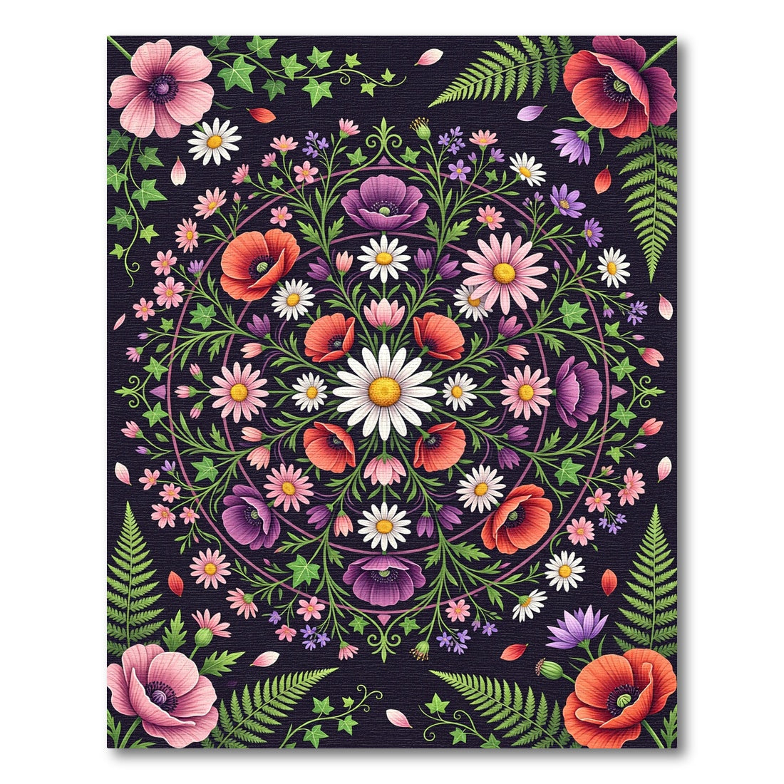 Vibrant Floral Mandala Dark Botanical Rug