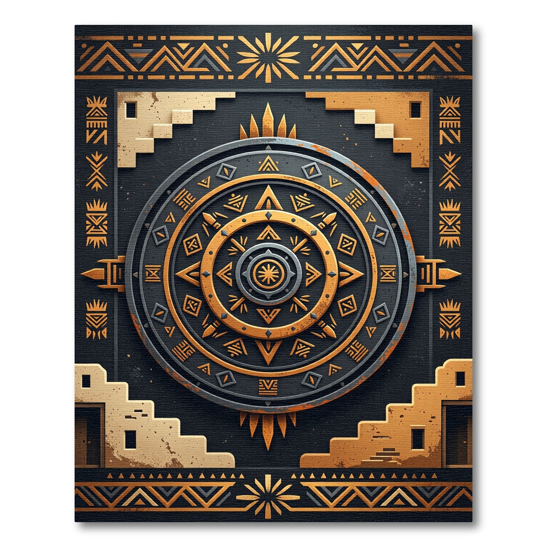 Golden Aztec Celestial Sun Geometric Area Rug