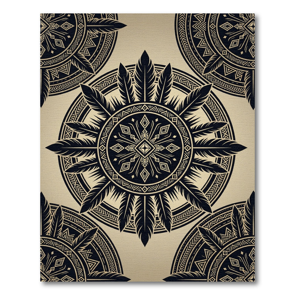 Black Feathered Geometric Mandala Medallion Rug