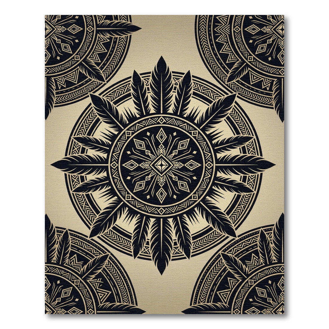 Black Feathered Geometric Mandala Medallion Rug