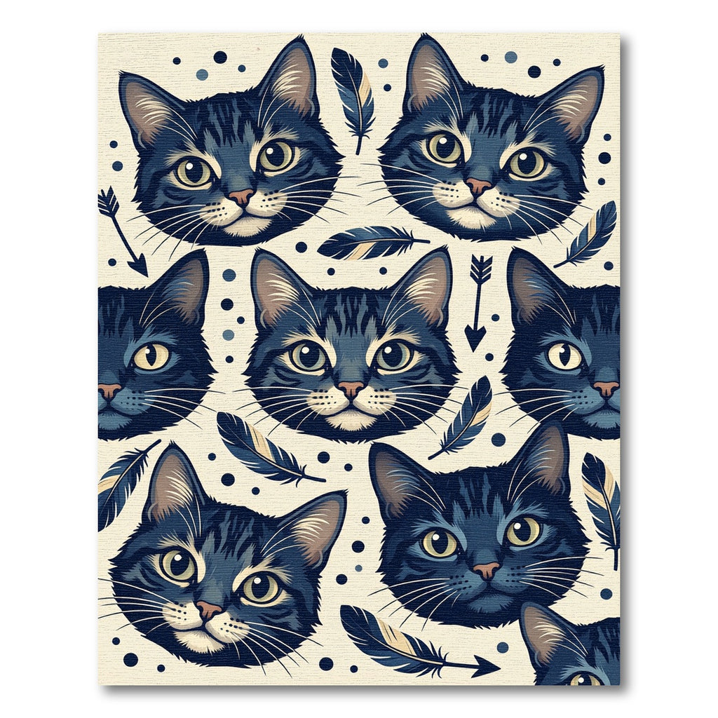 Whimsical Navy Cat Feather Boho Illustration Rug