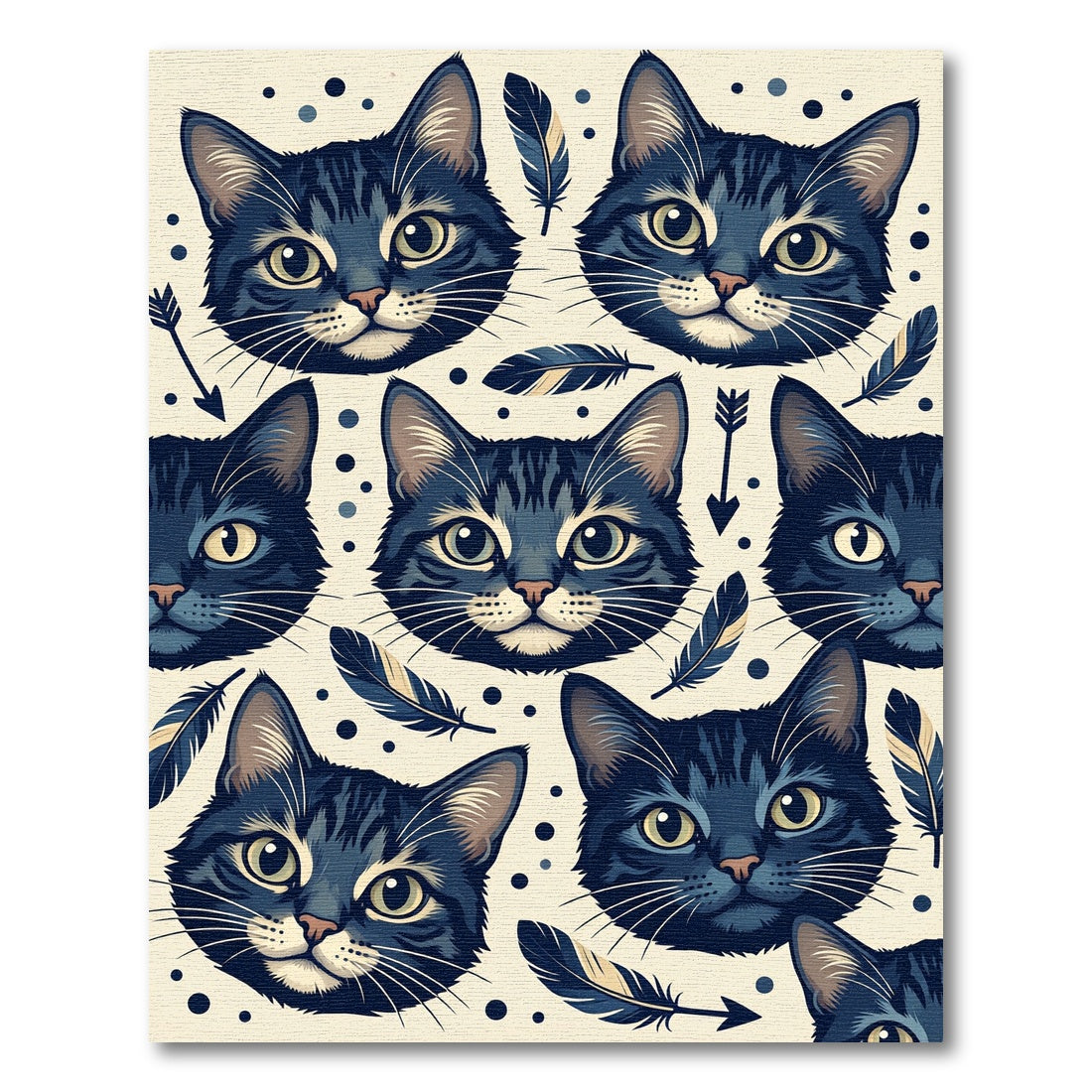 Whimsical Navy Cat Feather Boho Illustration Rug