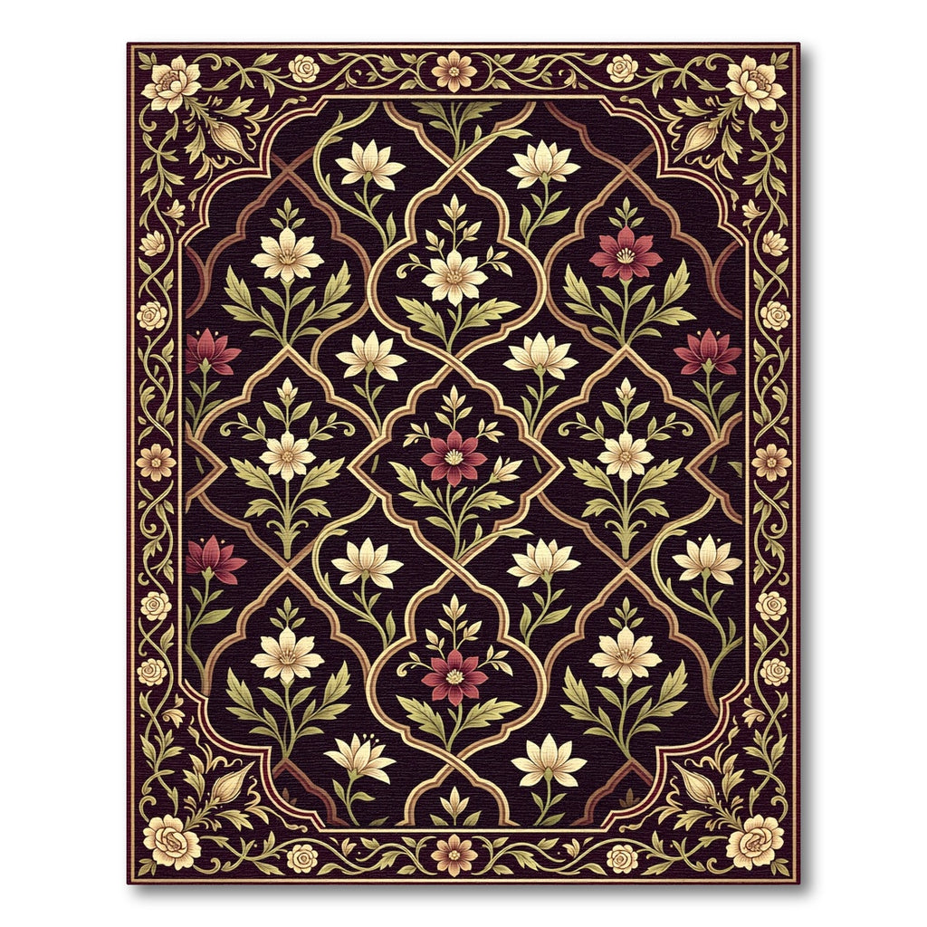 Deep Burgundy Floral Lattice Work Rug