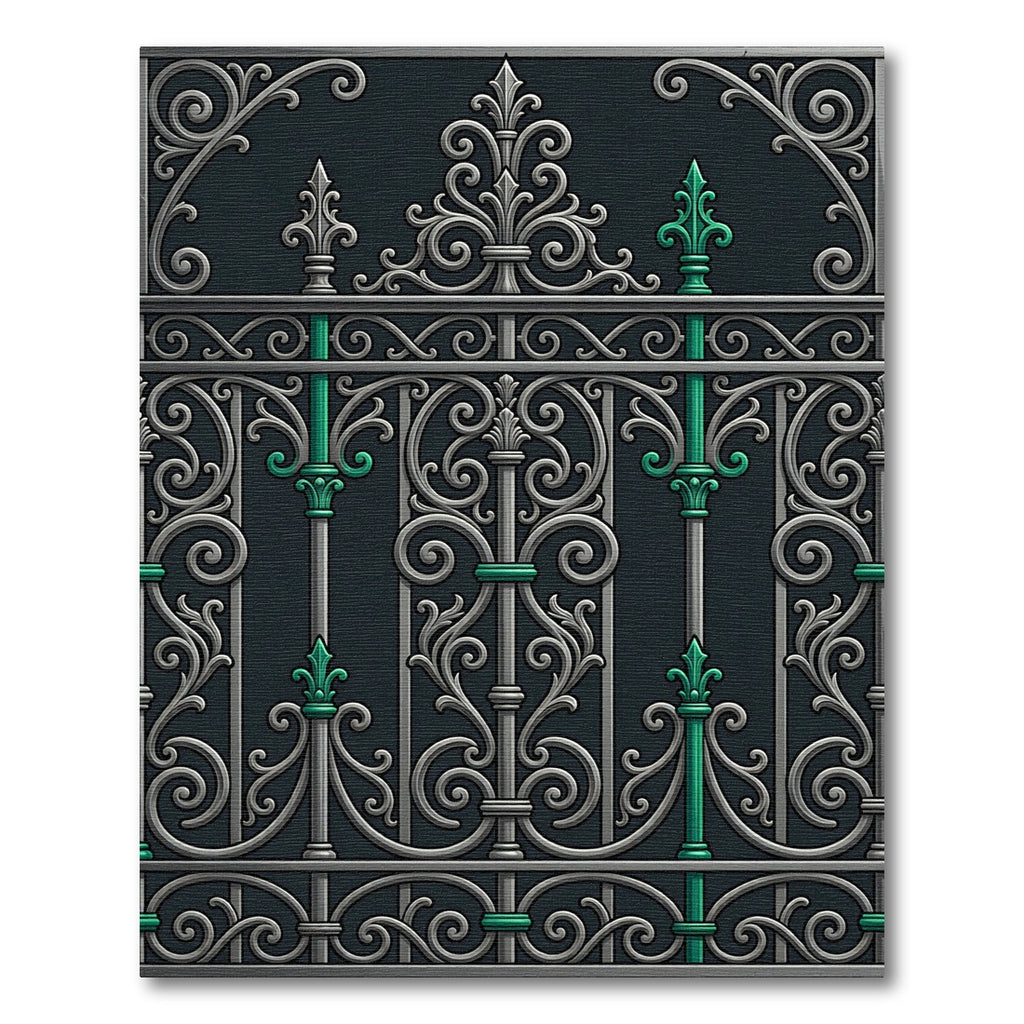 Ornate Silver and Emerald Iron Scroll Rug