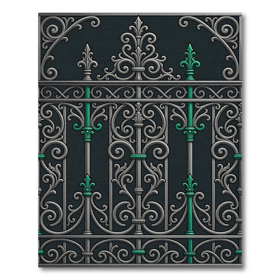Ornate Silver and Emerald Iron Scroll Rug
