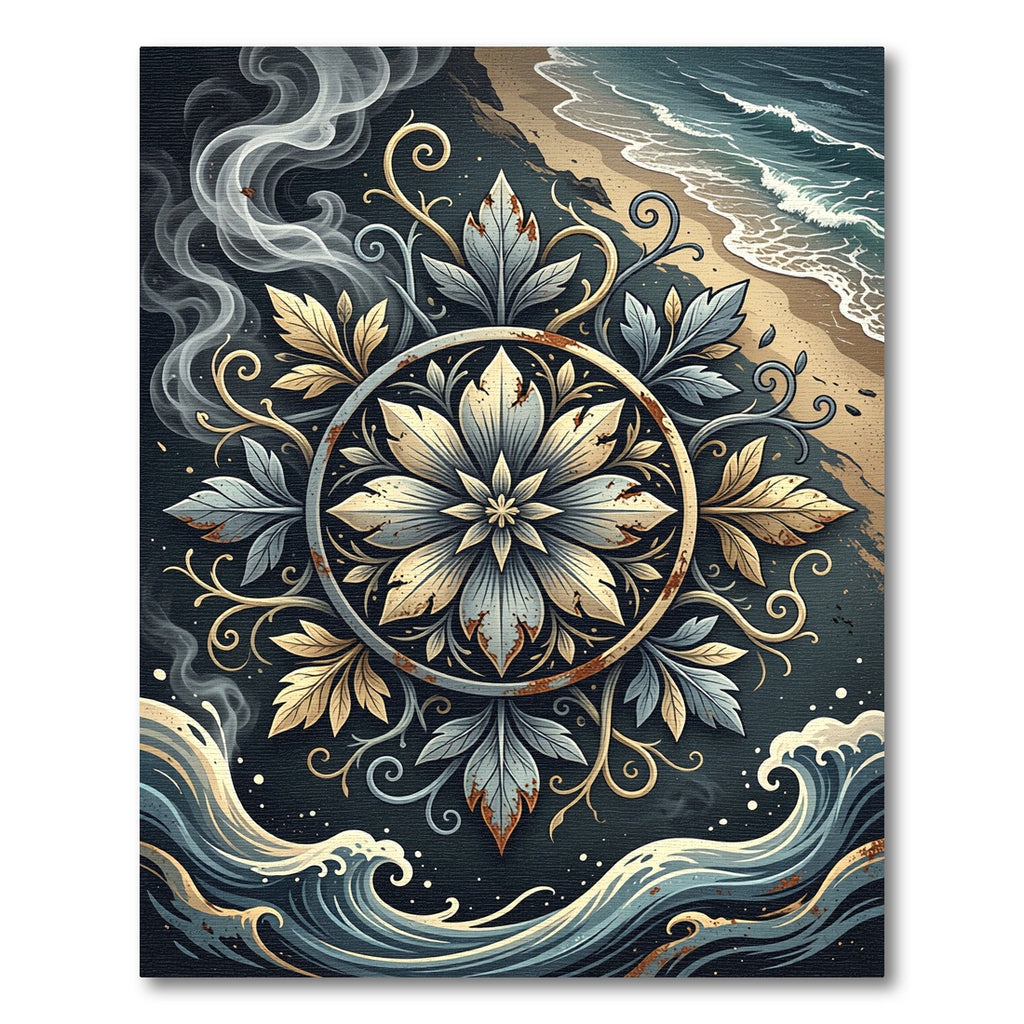 Coastal Slate and Gold Botanical Medallion Rug