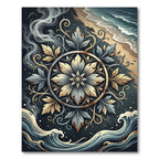 Coastal Slate and Gold Botanical Medallion Rug