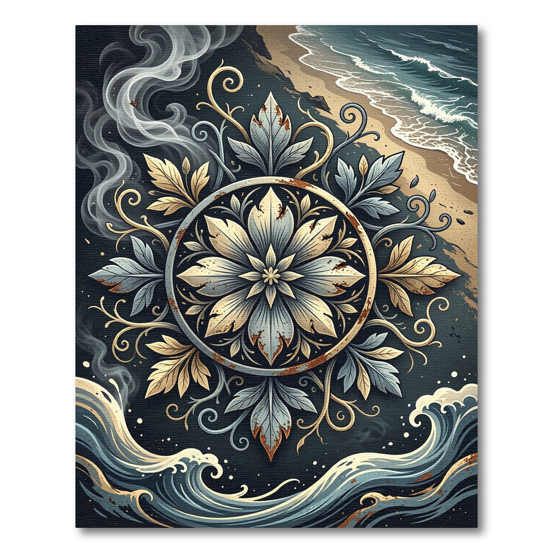 Coastal Slate and Gold Botanical Medallion Rug