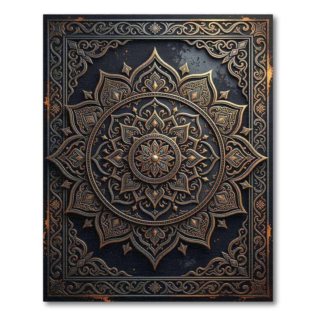 Ornate Black and Gold Mandala Medallion Rug