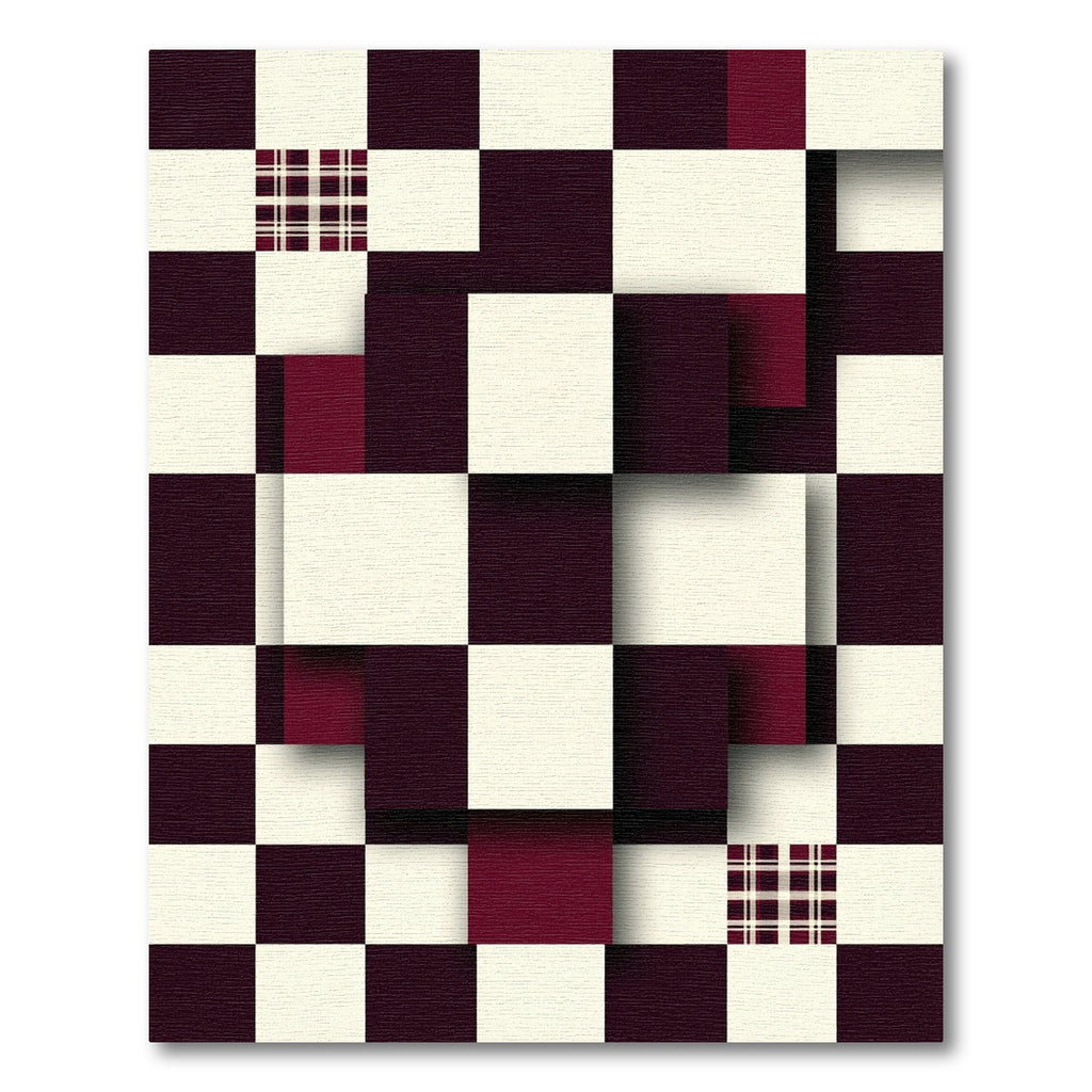 Modern Deep Burgundy Checkered Geometric Block Rug