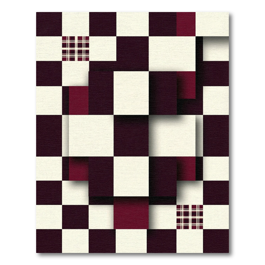 Modern Deep Burgundy Checkered Geometric Block Rug