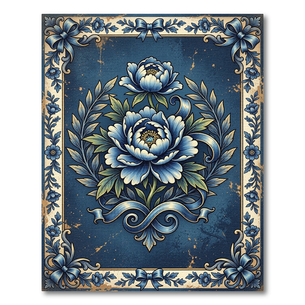 Elegant Navy Peony Wreath Ribbon Frame Rug