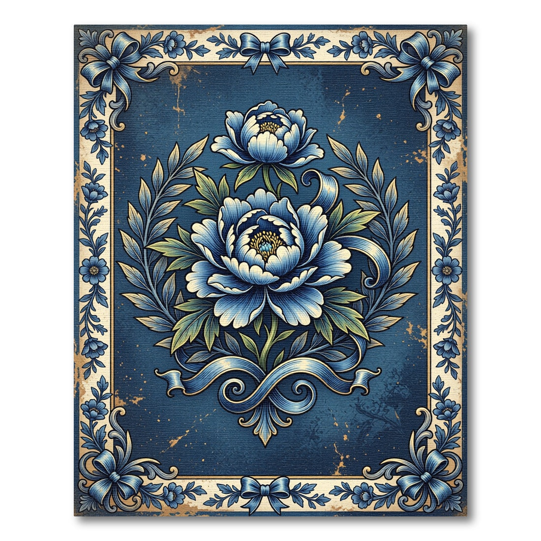 Elegant Navy Peony Wreath Ribbon Frame Rug
