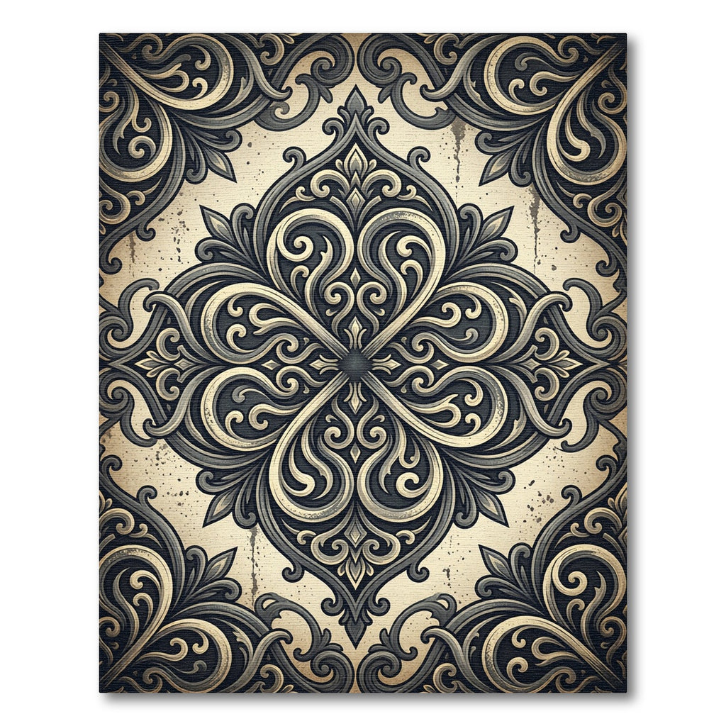 Antique Black Cream Scrollwork Medallion Rug