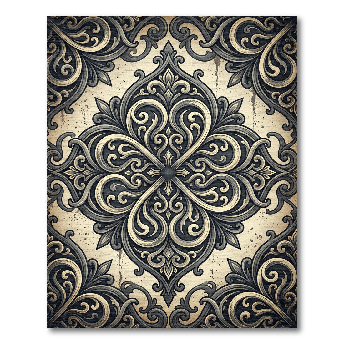 Antique Black Cream Scrollwork Medallion Rug