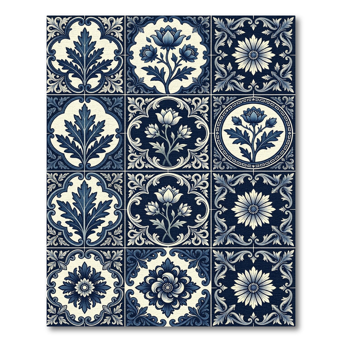 Deep Blue Floral Tile Arrangement Rug