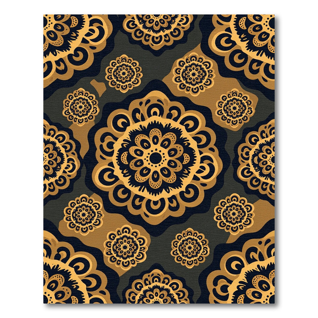 Ornate Golden Black Medallion Mandala Rug